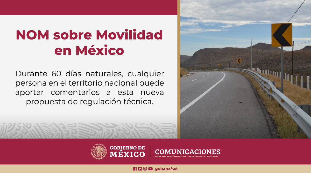 SICTmx's tweet photo. #Participa 🤳
#SICT y @SEDATU_mx publicamos para su consulta pública la NOM-034 sobre Movilidad en México; la cual permitirá uniformar la señalización horizontal y vertical, así como los distintos dispositivos viales. 🛣
Aquí la info: https://t.co/vMkZXWd48i https://t.co/YWnogtS2GZ
