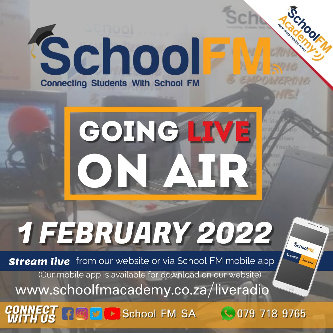 SchoolFMSA's tweet photo. [BACK ON AIR] - School FM will be back live on air on the 1st of February 2022

Tune in by streaming live at https://t.co/y7oP2e9wxY or listen in via School FM app.

#SchoolFM - Connecting,Informing and Empowering Students. https://t.co/qy3JQH45i7
