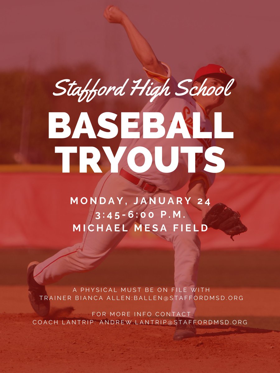 Don't forget about tryouts next Mon 1/24! We're excited for the new season with Head Coach Andrew Lantrip who played for the Houston Cougars and the Cleveland Guardians. Email andrew.lantrip@staffordmsd.org for more information. https://t.co/73Yqkzd3kV