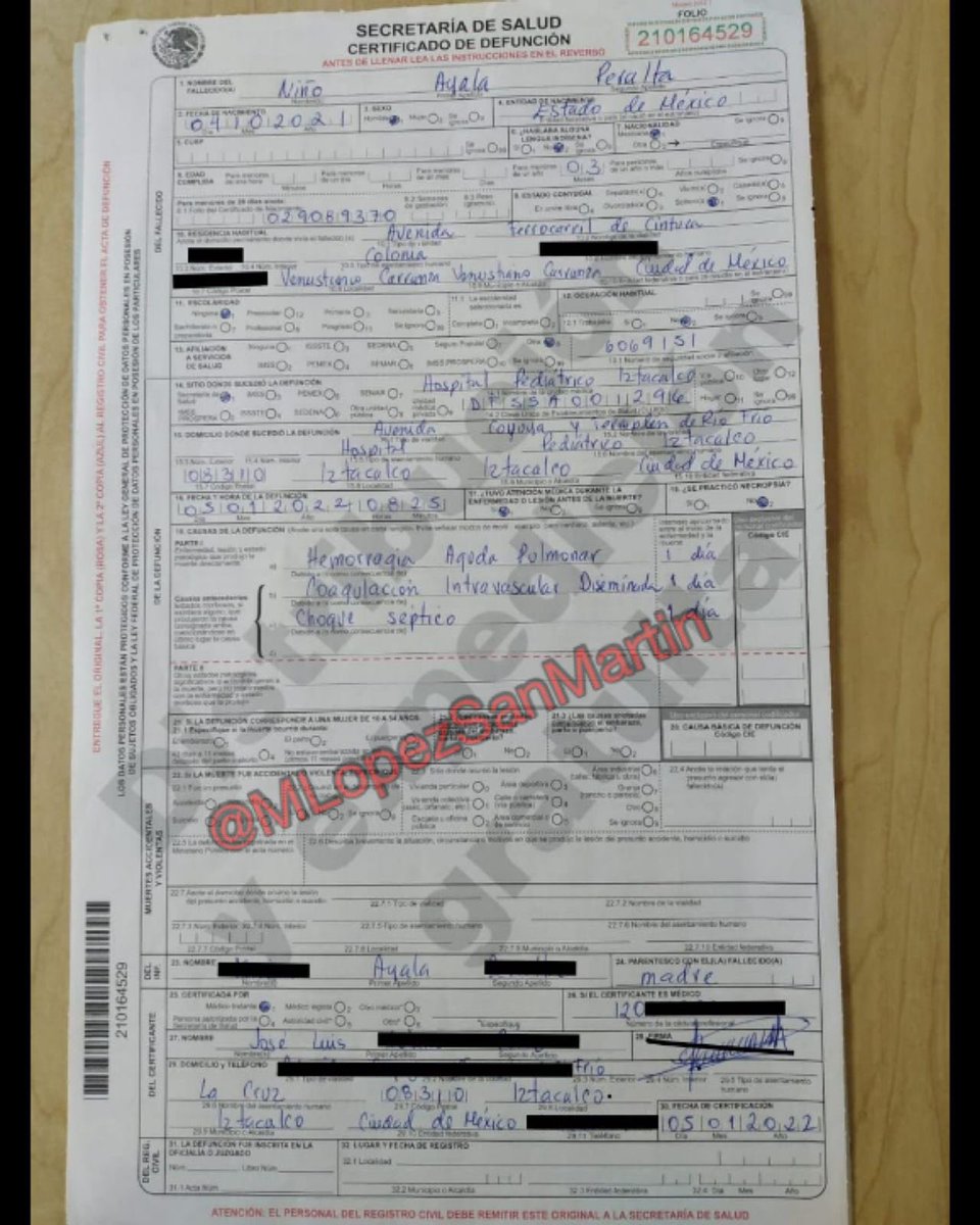 MLopezSanMartin's tweet photo. 🚨 Esta es el certificado de defunción del bebé que fue localizado muerto en basurero dentro del penal San Miguel, #Puebla

El menor murió, fue desenterrado y su cuerpo ingresado sin vida a la cárcel

La historia es trágica. Está llena de preguntas que deben responder autoridades https://t.co/XaOeWueT8Z