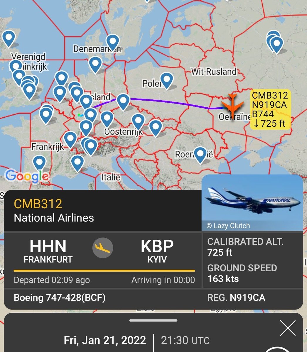 Gerjon_'s tweet photo. The location in 🇺🇦Kyiv, Ukraine where National Airlines Boeing 747 cargo 🇺🇸N919CA #CMB312 was last tracked (🚩) is far away from the area where 🇬🇧British weaponry was previously unloaded (📍).

I know of 2 of the RAF flights visiting this NE corner.
https://t.co/yR2VzJcL4k https://t.co/MAbWDNrbKw