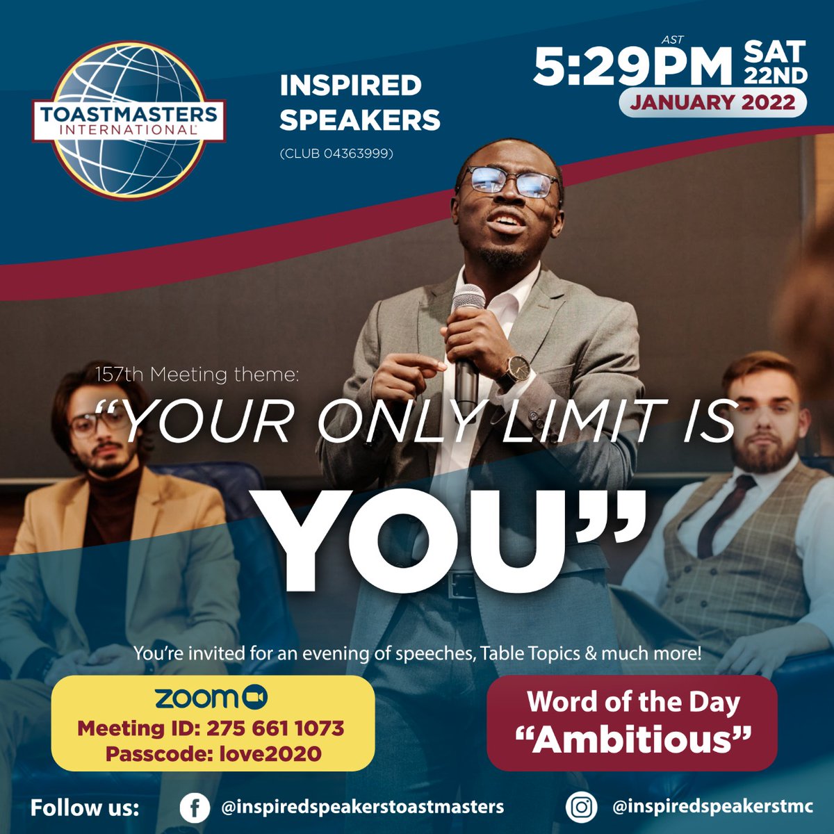 toastmasterinsp's tweet photo. Hi,
Have you heard of Toastmasters? If your answer is No, maybe you should check the flyer and be our guest. You are welcome.  Come and hear from Inspiring Speakers. Do something different for you in 2022. https://t.co/NTIuy1SUfX