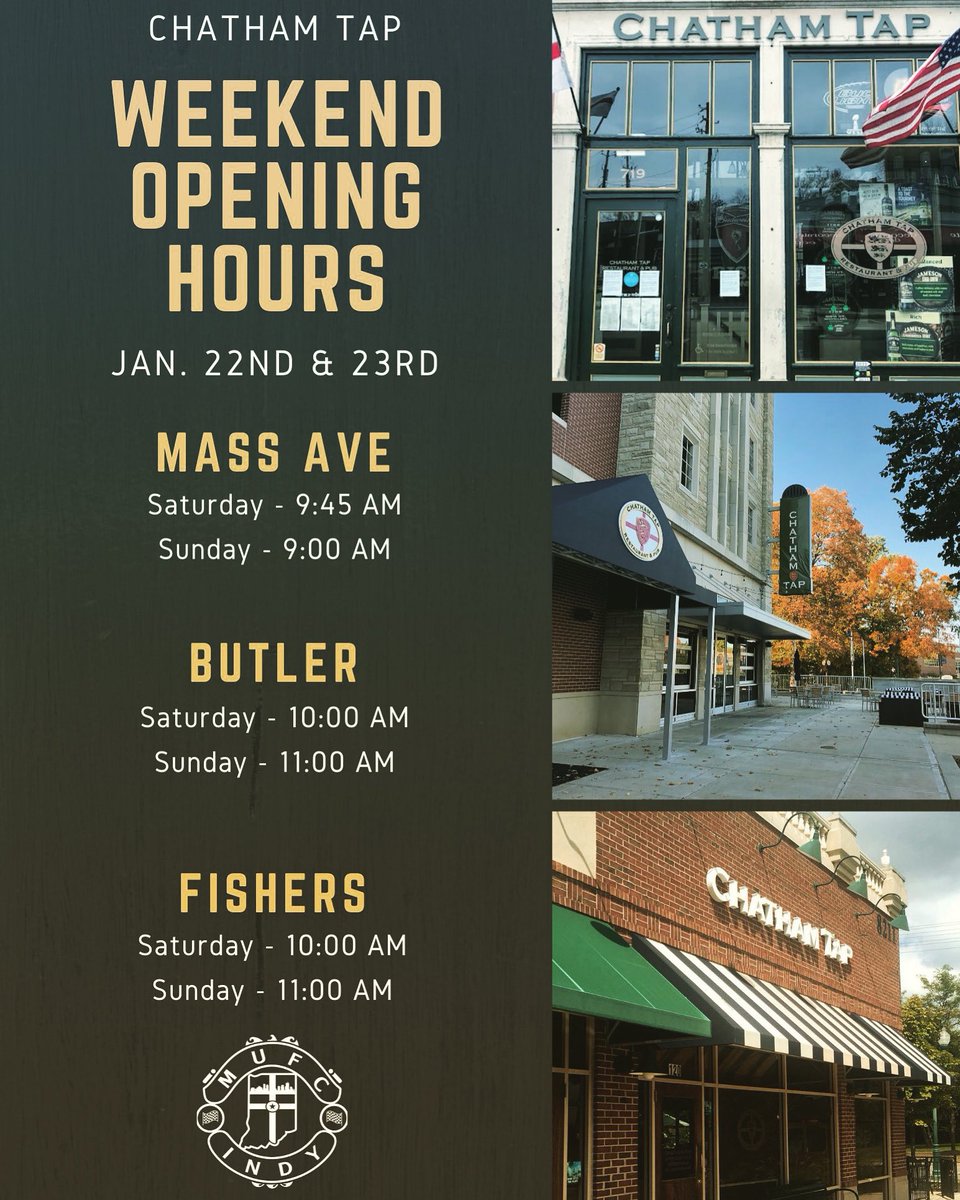 chathamtap's tweet photo. Our weekend opening hours this weekend for your #PremierLeague viewing pleasure! #indy #massave #fishers #butler #butlertarkington #butleru https://t.co/tGE0ye7jGq