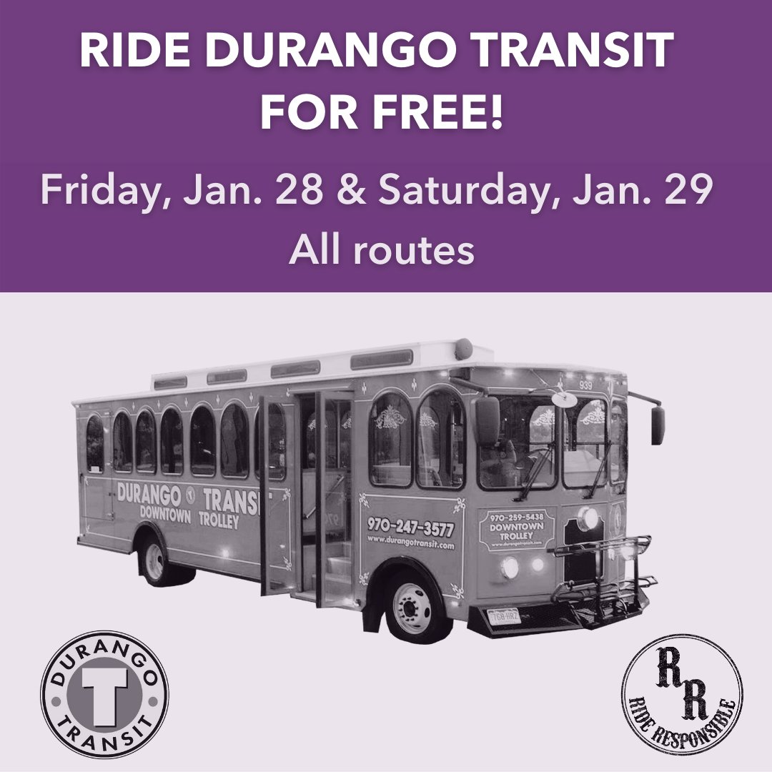 DurangoTransit's tweet photo. In celebration of @SnowdownDurango the Main Avenue Trolley and all loop routes will be FREE Jan 28-29!

A special shuttle will run between La Plata County Fairgrounds and the Durango Transit Center 4 -9PM Jan. 28 for the parade. Find details at https://t.co/afTvYYZed2 🎆 https://t.co/O2548YwBka
