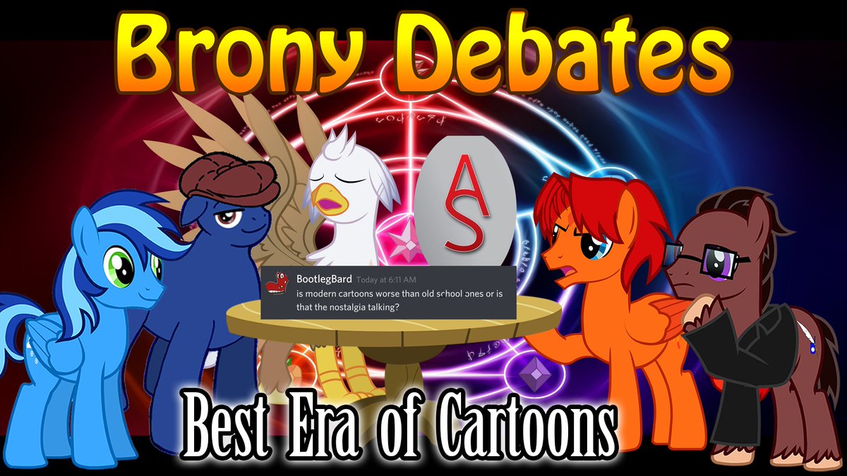 BronyDebates's tweet photo. In about an hour, we're going to talk about which era of cartoons was the best.  I'm joined by @MLPSilverQuill @GoldenFox17 @KobeWeitz @SkywalkerMLP @PonyCordero.  Hope to see you there! https://t.co/syvV38OlHF