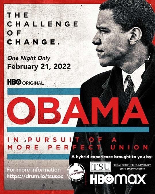 TXSouthernSOC's tweet photo. In one month join the @TexasSouthern University School of Communication and @TSUCOMMWEEK for a virtual screening of @hbomax Obama: In Pursuit of A More Perfect Union. #obama #tsucommweek #txsu #tsu https://t.co/1V53tmblbG