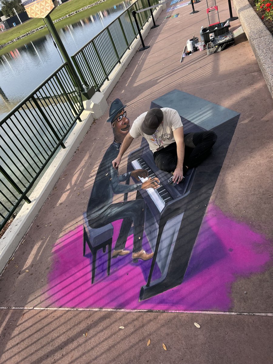 Joe Gardener from Soul 3D chalk art taking shape #ArtfulEpcot