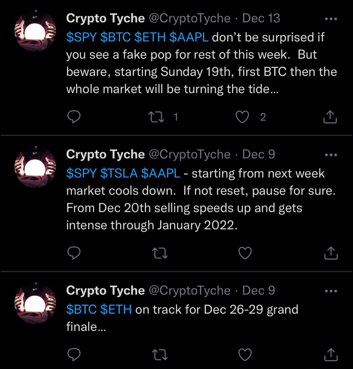 CryptoTyche's tweet photo. $BTC $ETH $SPY $QQQ Major down cycle realized exactly as schedule.  Things will start to stabilize after Jan 25th.  Expect BIG GREEN candles starting February 11th.  

Words from a dumb, naive fortune teller! 

@SJosephBurns  @PeterLBrandt @jimcramer https://t.co/e5A0tJ7jP1