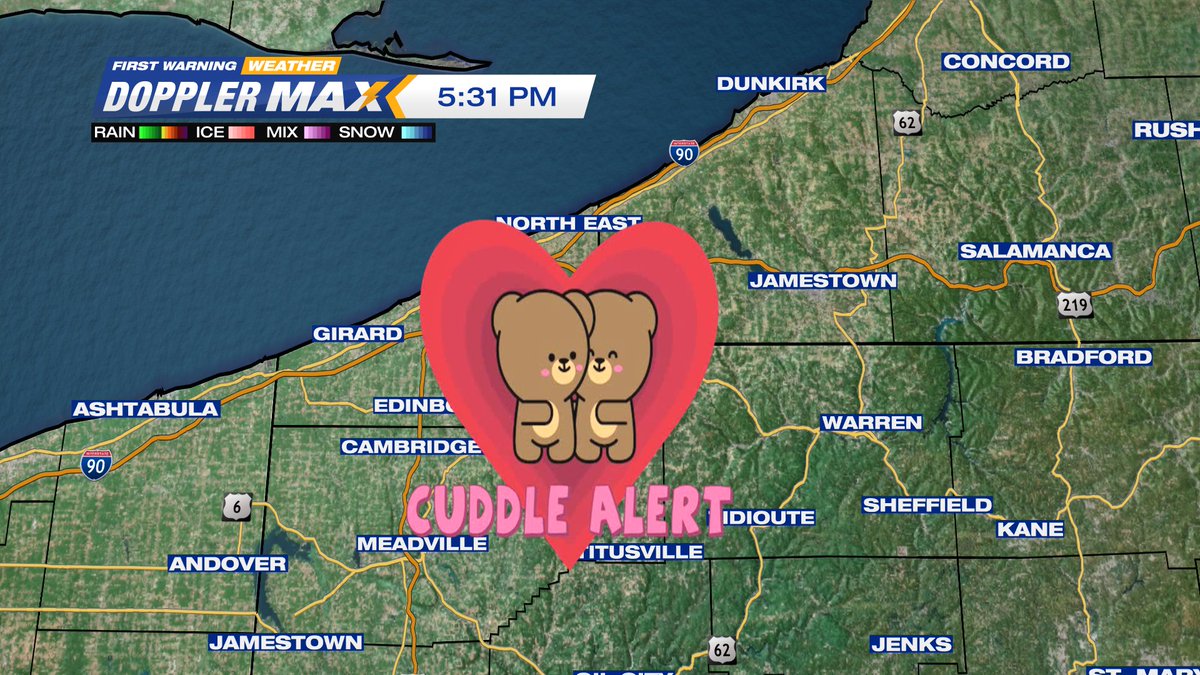 ErieNewsNow's tweet photo. I have issued a CUDDLE ALERT for tonight. Some of the coldest temperatures of the season will arrive overnight. Wind Chills will be below zero as you start your Saturday. Snuggle up! #eriepa #eriewx #pawx #cuddlealert #cold https://t.co/WhaHUODyeC