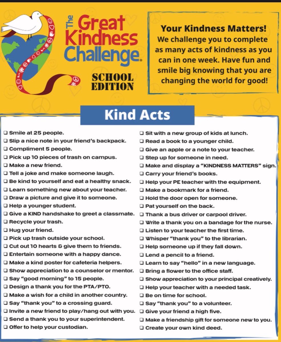 The Great Kindness Challenge begins next week! Here are some ideas to share with your kiddos! Make sure to tag in your acts of kindness photos! 💙🧡💚 #greatkindnesschallenge