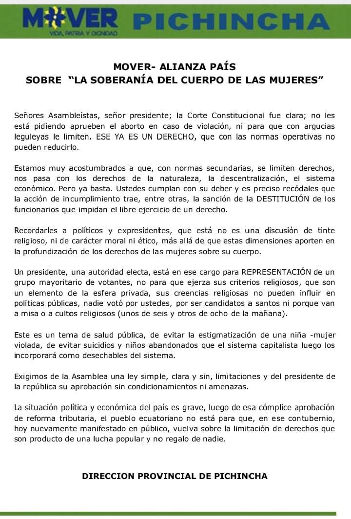 Señores Asambleístas, señor presidente; la Corte Constitucional fue clara; no les está pidiendo aprueben el aborto en caso de violación.... ESE YA ES UN DERECHO, que con las normas operativas no pueden reducirlo.
<a href="/AsambleaEcuador/">Asamblea Nacional</a> 
<a href="/Presidencia_Ec/">Presidencia Ecuador 🇪🇨</a>