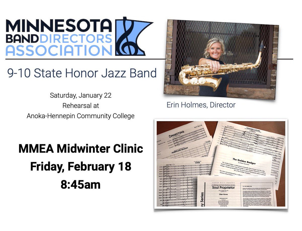 I am so excited for tomorrow! I have the honor of being the <a href="/MBDAtweets/">MN Band Directors (MBDA)</a> 9-10 State Honor Jazz Band Director! 
Rehearsal tomorrow &amp; THEN we’ll perform at the <a href="/MnMusicEd/">MMEA - Minnesota Music Educators Association</a> Midwinter clinic
Thanks <a href="/Bradley_Mariska/">𝙱𝚛𝚊𝚍𝚕𝚎𝚢 𝙼𝚊𝚛𝚒𝚜𝚔𝚊 🎶</a> for the awesome promotion picture! He ALWAYS goes to the next level