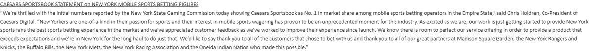ButlerBets's tweet photo. Caesars Digital Co-President Chris Holdren statement on New York sports betting launch -->> https://t.co/AT5TXiEtgx