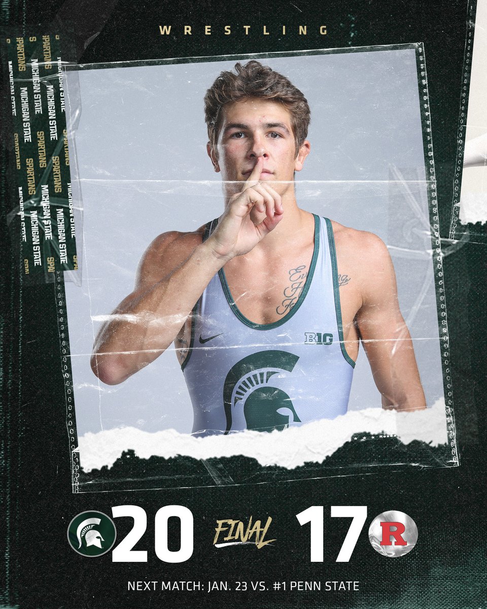 MSU_Wrestling's tweet photo. Picking up another ranked win!

Malczewski's pin leads the Spartans to a 20-17 win over No. 14 Rutgers, aided by Saldate and Caffey's major decisions.

#GoGreen #SpartanStrong https://t.co/nhL6LQqPrV