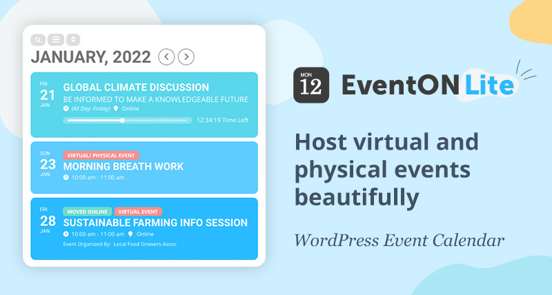 myeventon's tweet photo. Introducing EventON Lite! Download FREE today via https://t.co/2r6CxWUVLA

#myeventon #newevoupdate #wordpress #eventcalendar #wordpressplugin #virtualevent #virtualevents #eventmanager https://t.co/DBnoD6QeWE