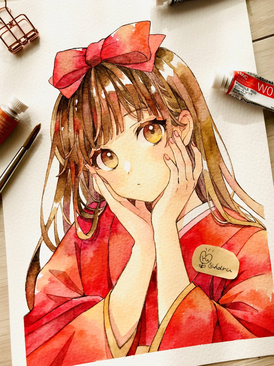 赤いリボンの女の子 Illustration Watercolor ゆゆはるのイラスト
