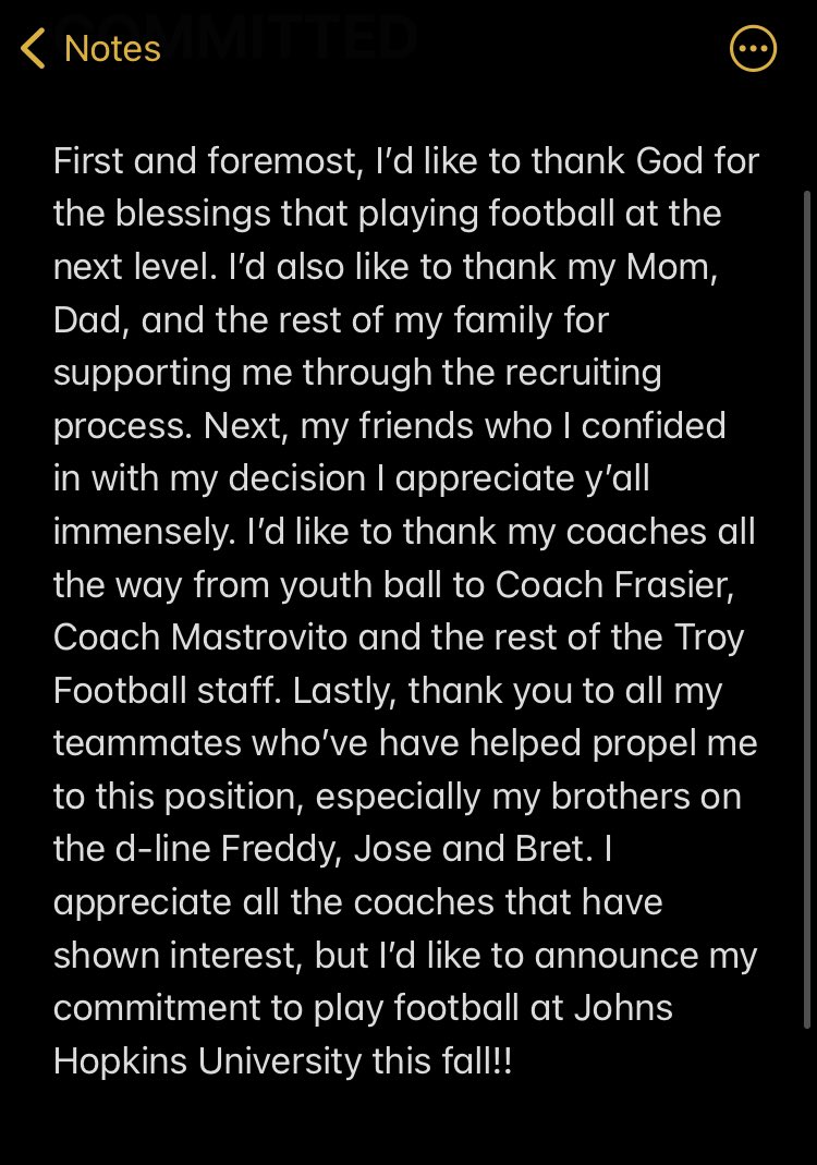 I’m blessed to announce my commitment to playing football at Johns Hopkins Football! Can’t wait to get to work. <a href="/JHU_Football/">Johns Hopkins Football</a> @JayAnderson_JHU <a href="/Greg_Chimera/">Greg Chimera</a> <a href="/Troy__Athletics/">Troy Athletics</a> <a href="/troycoltsfball/">troycoltsfootball</a> <a href="/TheD_Zone/">The D Zone</a>