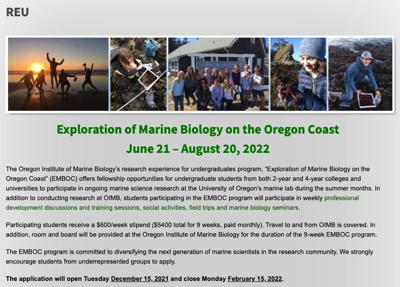 UO_OIMB's tweet photo. Our Research Experience for Undergrads (#REU) program 'Exploration of Marine Biology on the OR Coast' is open for 2022! The REU pairs 2-year and 4-year college students with OIMB faculty. Research &amp; living stipend included! Apply by Feb 16, 22. Learn more: https://t.co/nlekiXIjI1 https://t.co/toZnVQ1DCz