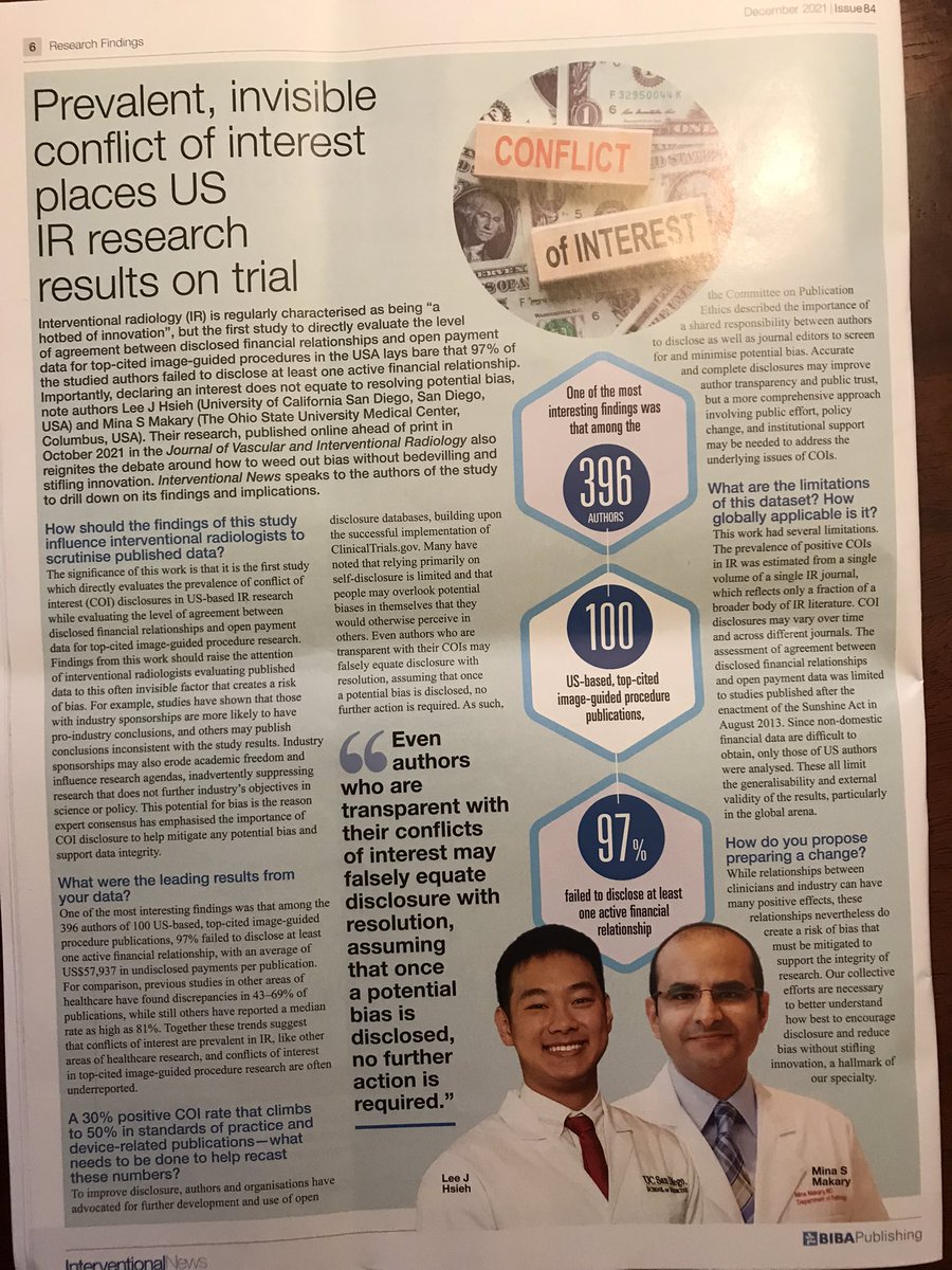 Wonderful write up in <a href="/IN_publishing/">Interventional News</a> of our <a href="/IREthics/">Applied Ethics in IR</a> research group study of #COI in #IRad headed up by <a href="/LeeJHsieh/">Lee Hsieh</a> and <a href="/MinaMakaryMD/">Mina S. Makary, MD</a> #ethics #RadRes