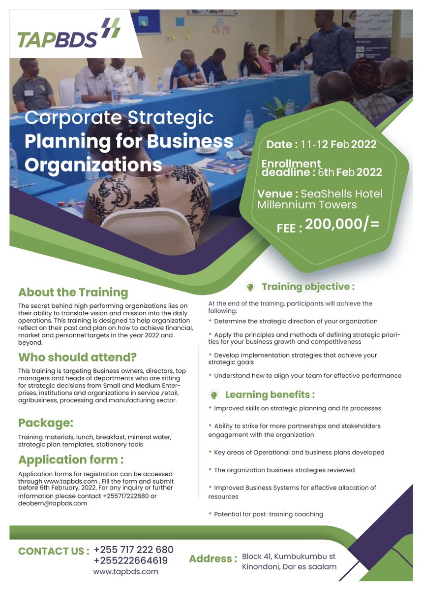 deobern's tweet photo. We have resumed to accomplish the postponed training.
#TAPBDS has prepared to support your business growing into the heights of your #plans #strategies
Please call for your Registration:
Call: +255717222680 https://t.co/C4Gg5kQzbT