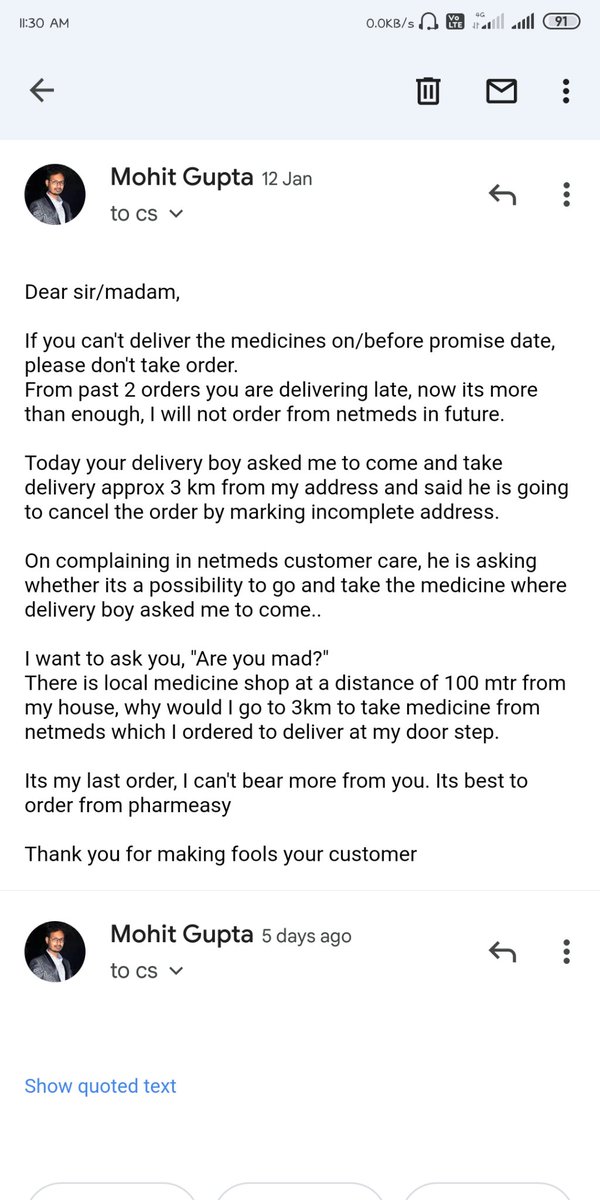 mrmohitg's tweet photo. I had ordered medicine from @NetMeds on 5th jan, and still not received. After mailing 2 times and calling customer care atleast 10 times between these days no one helped me, even for my refund.

@NetMeds worst pharmacy 

Thanks to @1mgOfficial, I got medicine on time. https://t.co/CCtAi4wvtC