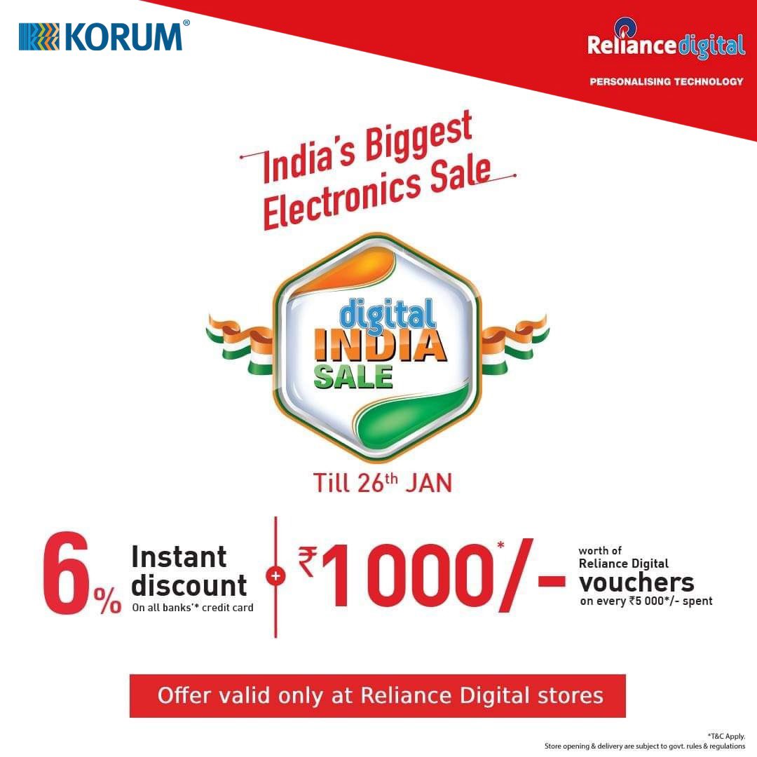 KorumMall's tweet image. India's Biggest Electronics Sale is back with #Deals4India!
Shop now from any Reliance Digital store and enjoy an instant discount of 6% on all banks'* credit cards. Also, get Reliance Digital vouchers worth ₹1 000*/- on every ₹5 000*/- spent.

Head to Korum today!
