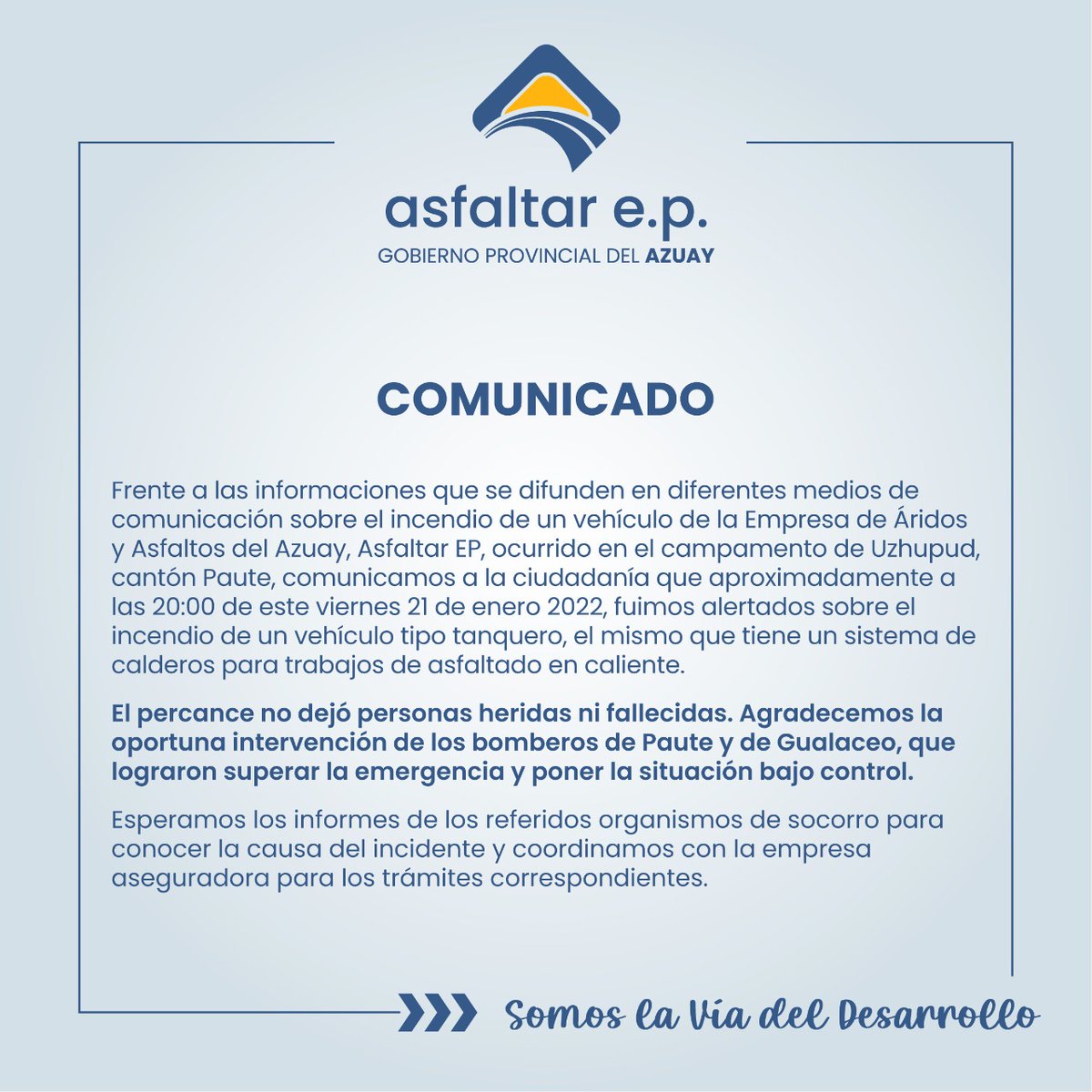 EpAsfaltar's tweet image. Comunicado a la ciudadanía sobre el incendio de un vehículo en el campamento de Uzhupud, cantón Paute. 
⬇️
