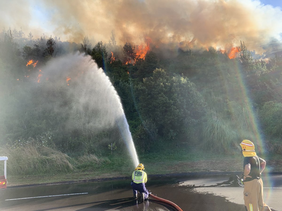 TheDonRood's tweet photo. The heat from the flames can be felt across the street and hot ash is being swept towards houses as firefighters battle to keep the Trentham Silverstream bush fire at bay. https://t.co/nBBo77kpCB