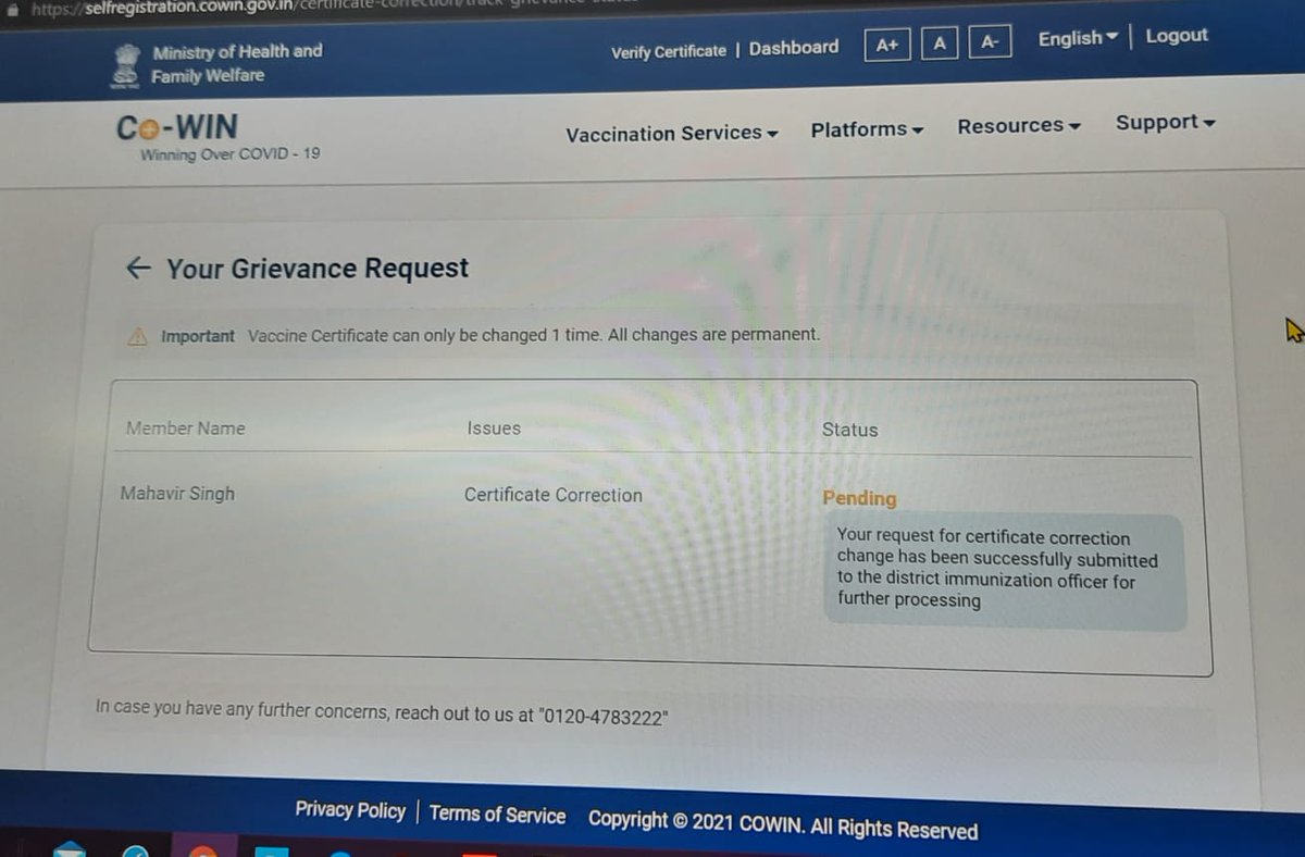 dsingh2003's tweet photo. @MoHFW_INDIA 
I have raised a request for COVID vaccination certificate correction in COWIN portal on dated 27 Dec 2021. Request is successfully registered but status shows pending after 25 days. Pls help to get the corrected certificate.
Mamta
8527110777 https://t.co/tbK3sAgMEK