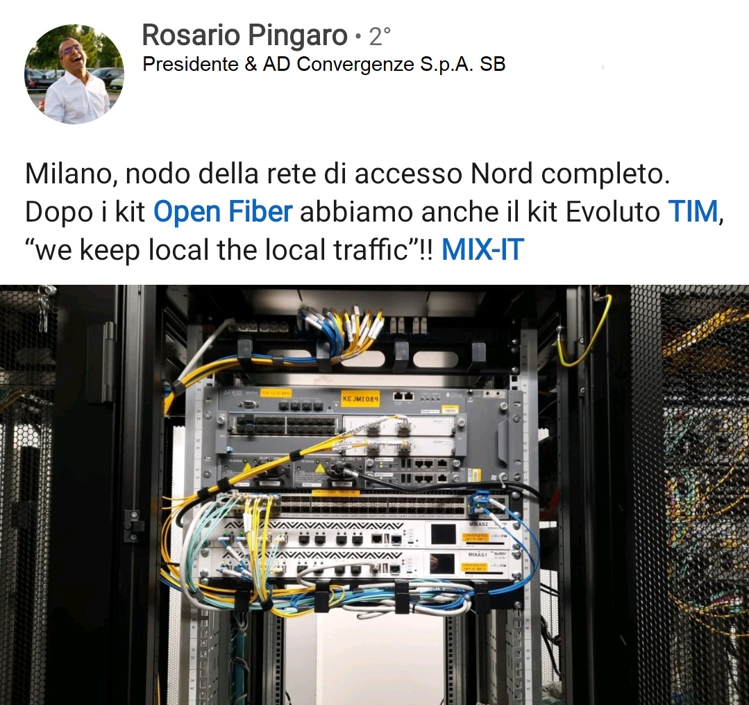 ConvergenzeSPA's tweet photo. Abbiamo attivato un nuovo kit evoluto TIM presso il @MIX_exchange. Miglioriamo così i tempi di latenza per i nostri clienti nel Nord Italia.
#keeplocaltrafficlocal #internet #peering #network #IXP
@rpingar @integrae_sim @ConfindustriaSa https://t.co/hWJMYfkZuQ