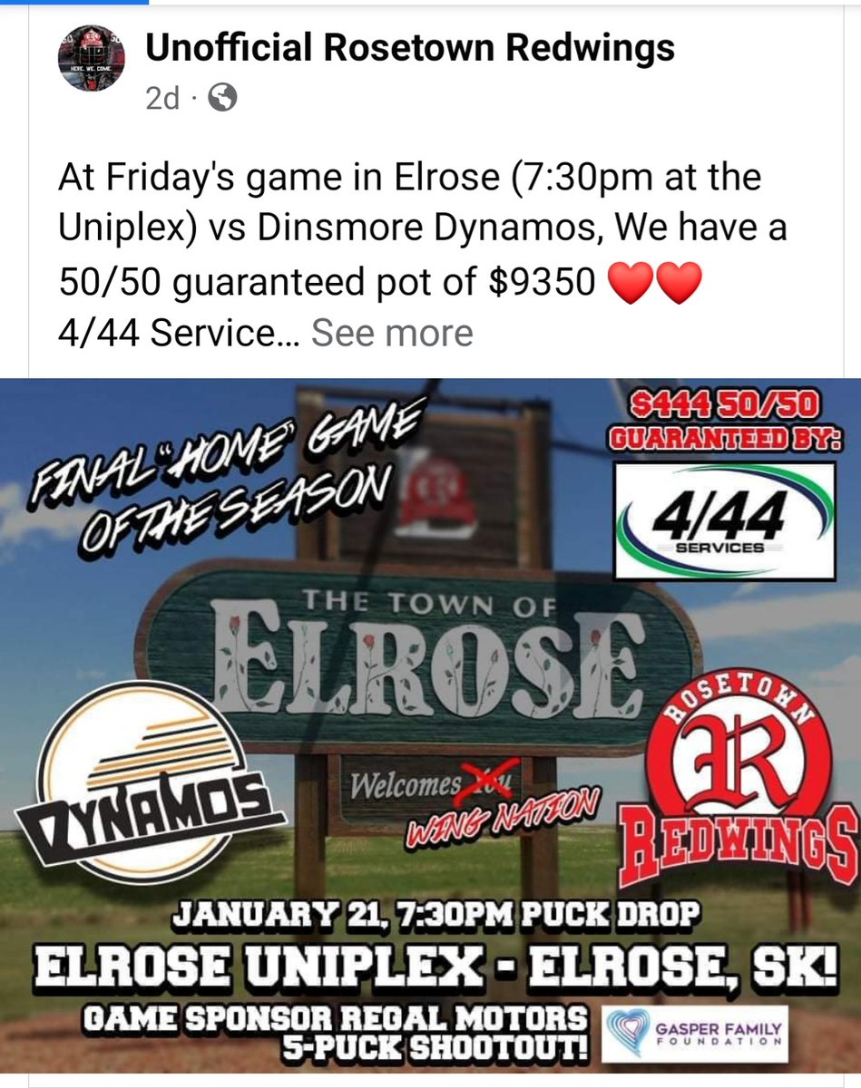 GREAT night at the Elrose Uniplex!! Redwings lose 6-1 to Dynamos, but the 50/50 was $25,520!! $12760 to the winner, $12,760 to support Roger Hammond's daughters. 5 pucks in the net and $2500 to the Gasper Family Foundation. #smalltown <a href="/RRedwings/">Rosetown Redwings Hockey Club</a>  @DinsmoreDynamos <a href="/SaskForum/">Wicked Deadly Sask Senior Hockey Forum</a>