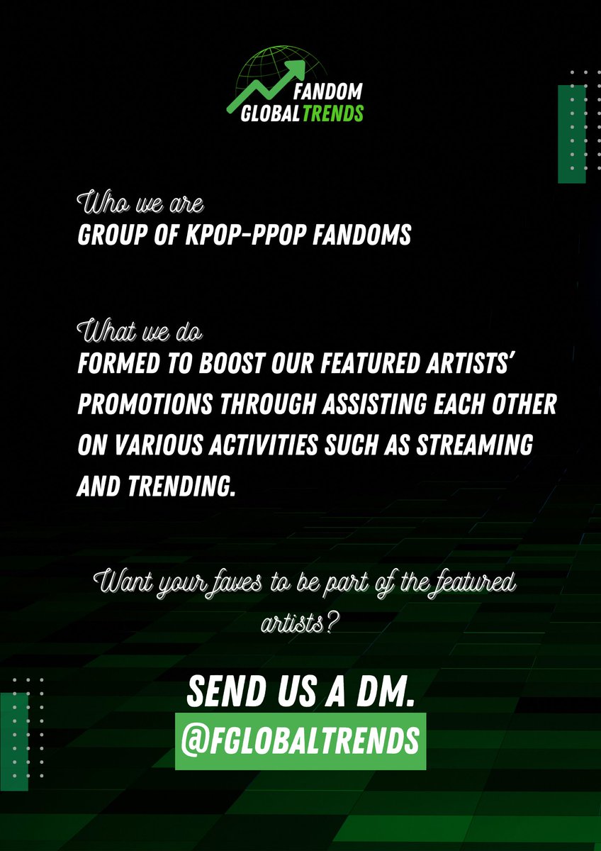 FGlobalTrends's tweet photo. Wondering who we are?

We are a newly established group of fandoms (KPOP/PPOP) with the common goal of promoting and expanding the reach of our favorite artists through streaming and trending.

Join us! Follow and support!
@Minzyradio @DARABillboard @cloversxyukito @TGplaylist https://t.co/zGaFERj9B2
