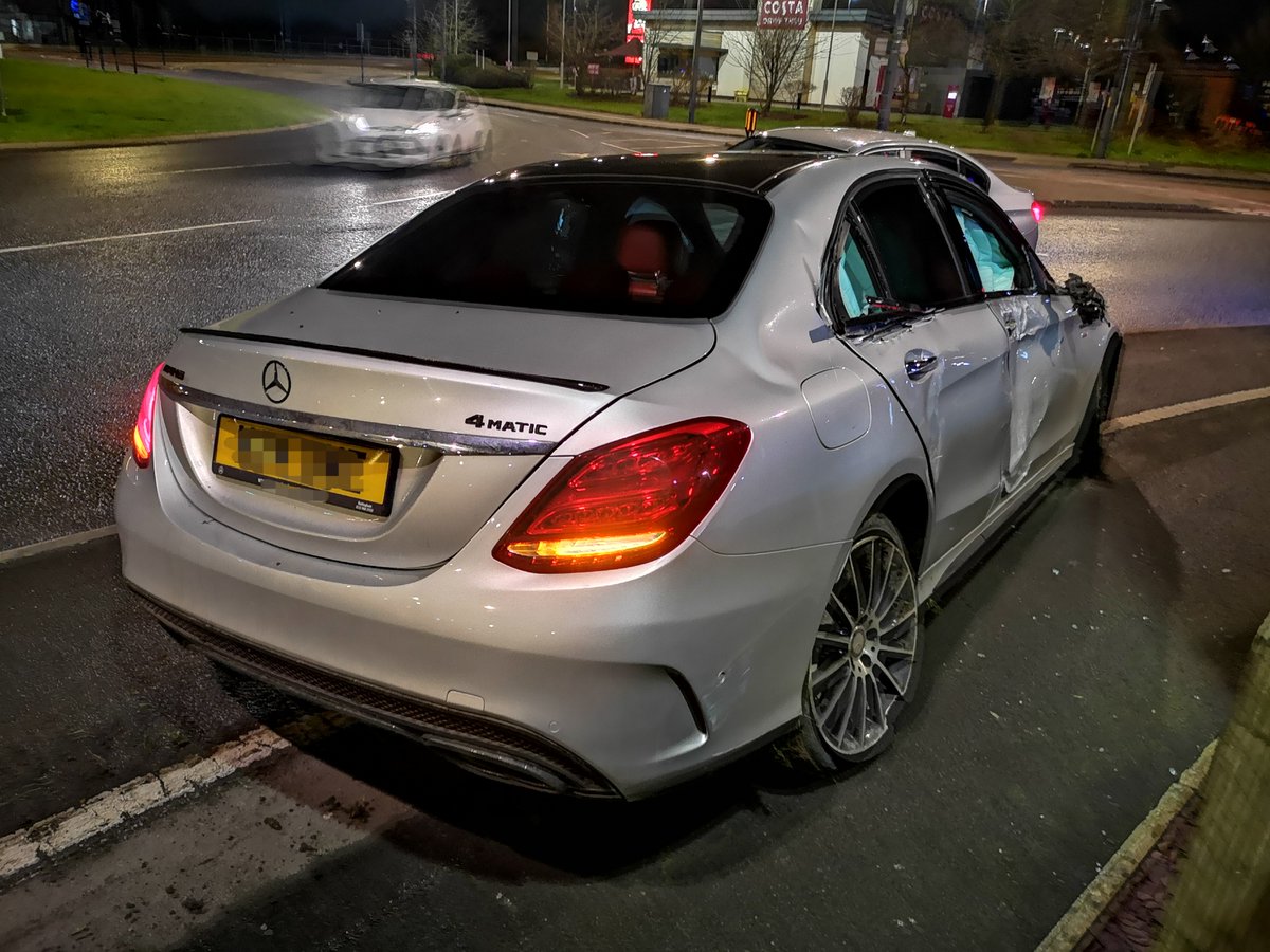 gmptraffic's tweet photo. This Mercedes failed to stop for #XT78 in @GMPNewtonHeath driving dangerously and using the wrong side of Lord Sheldon Way in @GMPTamesideN 
Crashed, abandoned, chased on foot, detained and arrested for numerous offences including drink driving. Fortunately no injuries. https://t.co/nIEXi1XBkn