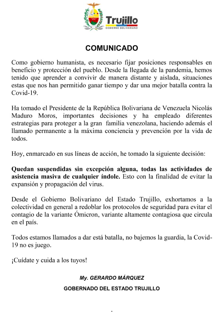 DeportTrujillo1's tweet photo. En vista de la situación que atravesamos con la oleada de pandemia con la cepa OMICRON del Covid19, y la cantidad de contagios, el Gobernador del Estado @Gerardo4fPsuv insta a la ciudadanía a cuidarse y vacunarse

"Atentos la Vida es Primero"
@carloscontigo 
@Trujihermandad https://t.co/TDlPLPQ7qd
