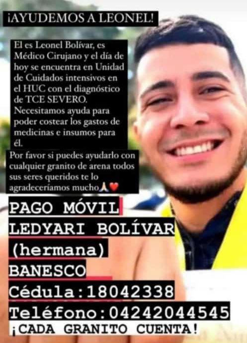 AlexaGomezDos's tweet photo. Leonel es médico cirujano y fue el único sobreviviente en el accidente de tazón esta tarde, donde murió su padre instantáneamente. Leonel se encuentra en terapia intensiva con traumatismo craneoencefálico. Su familia nos pide apoyo para este trance tan duro . GRACIAS 🙏🏼 https://t.co/AQdLrIMsRh