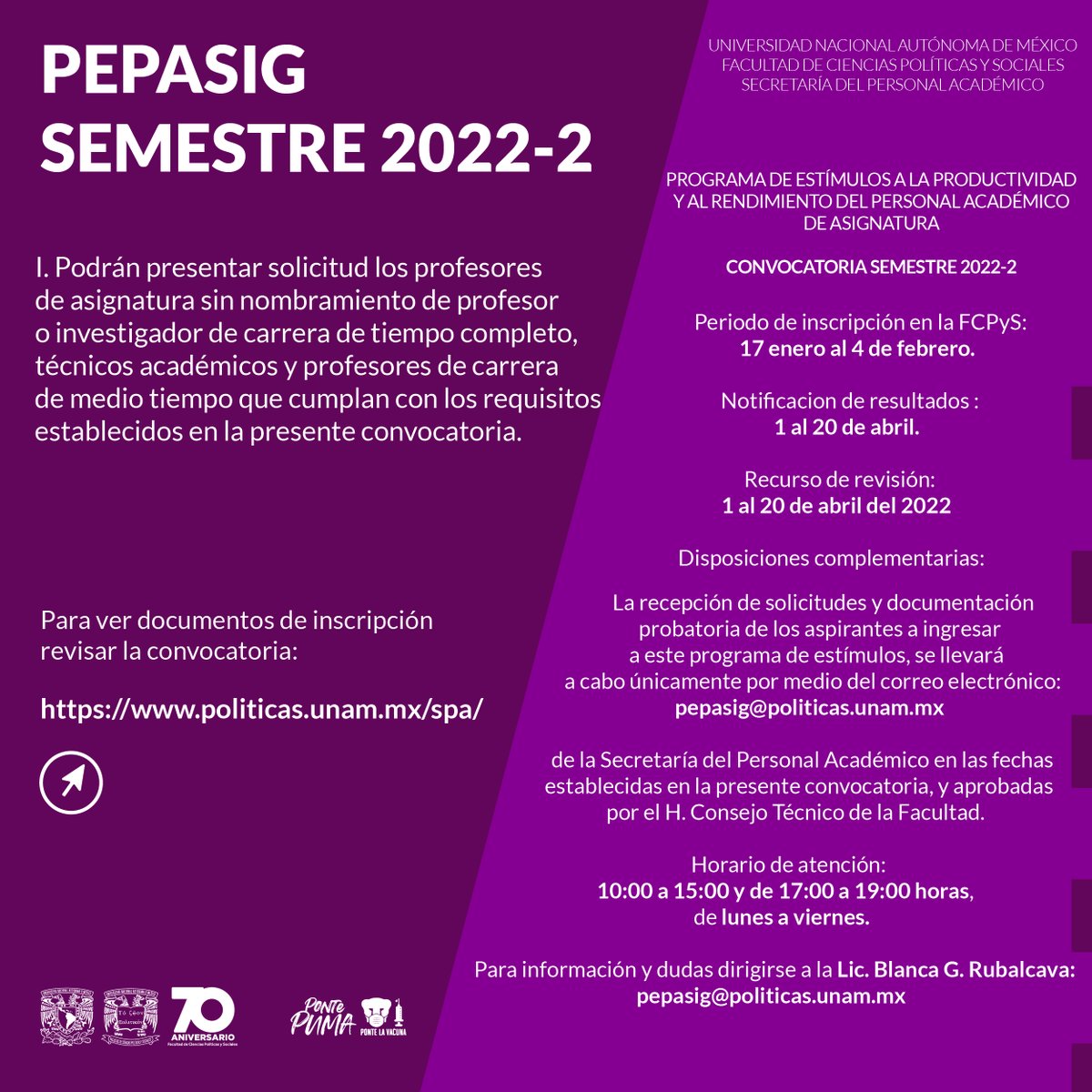 UNAM_FCPyS's tweet photo. Programa de Estímulos a la Productividad y al Rendimiento del Personal Académico de Asignatura
PEPASIG Semestre 2022-2
Convocatoria https://t.co/DAsvJ6JNPP
Dudas e información pepasig@politicas.unam.mx
|| #PEPASIG #SPA #UNAM https://t.co/D76aJWqT78