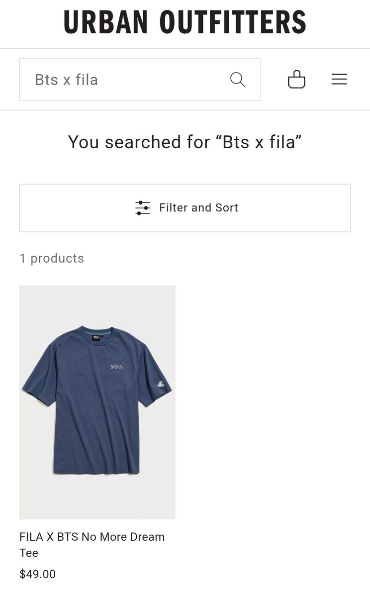 BTSMerchUpdates's tweet photo. Urban Outfitters has the BTS x Fila No More Dream t-shirt back in stock
🔗 https://t.co/B3SI2k734w

Might be limited stock https://t.co/rqwhW8OYeo