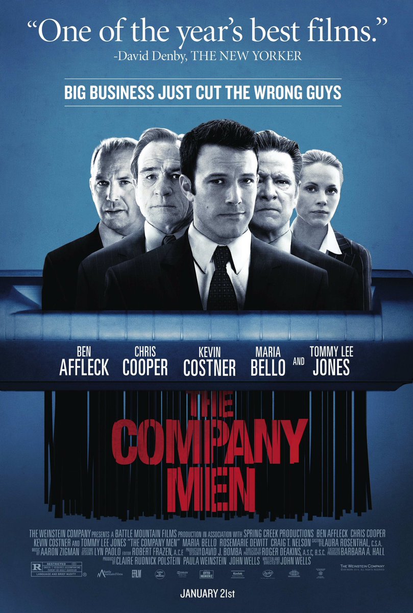 🎬MOVIE HISTORY: 11 years ago today, January 21, 2011, the movie ‘The Company Men’ opened in theaters!

#BenAffleck #TommyLeeJones #ChrisCooper #KevinCostner #RosemarieDeWitt #MariaBello #CraigTNelson #EamonnWalker #NancyVillone #TomKemp #DanaEskelson <a href="/CadyHuffman/">Cady Huffman</a>