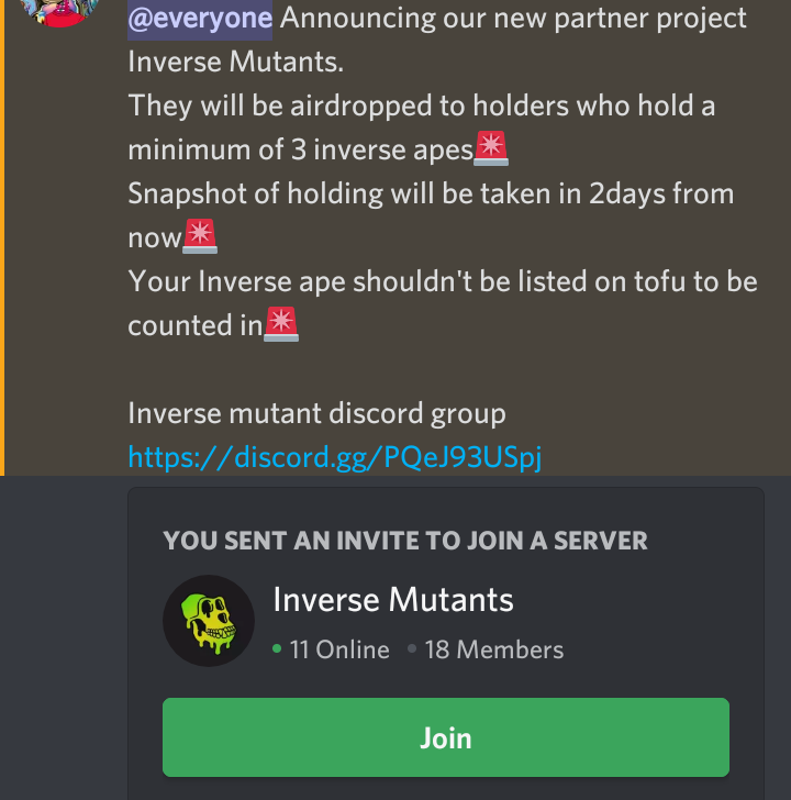 InverseApes's tweet photo. 🚨 Airdrop for Holders🚨
Announcing our partner project @InverseMutants 🚨. Inverse Ape Holders will get one Inverse Mutant ape airdropped to them. For info about eligibility check the picture below! https://t.co/s4Mgf9ATbK