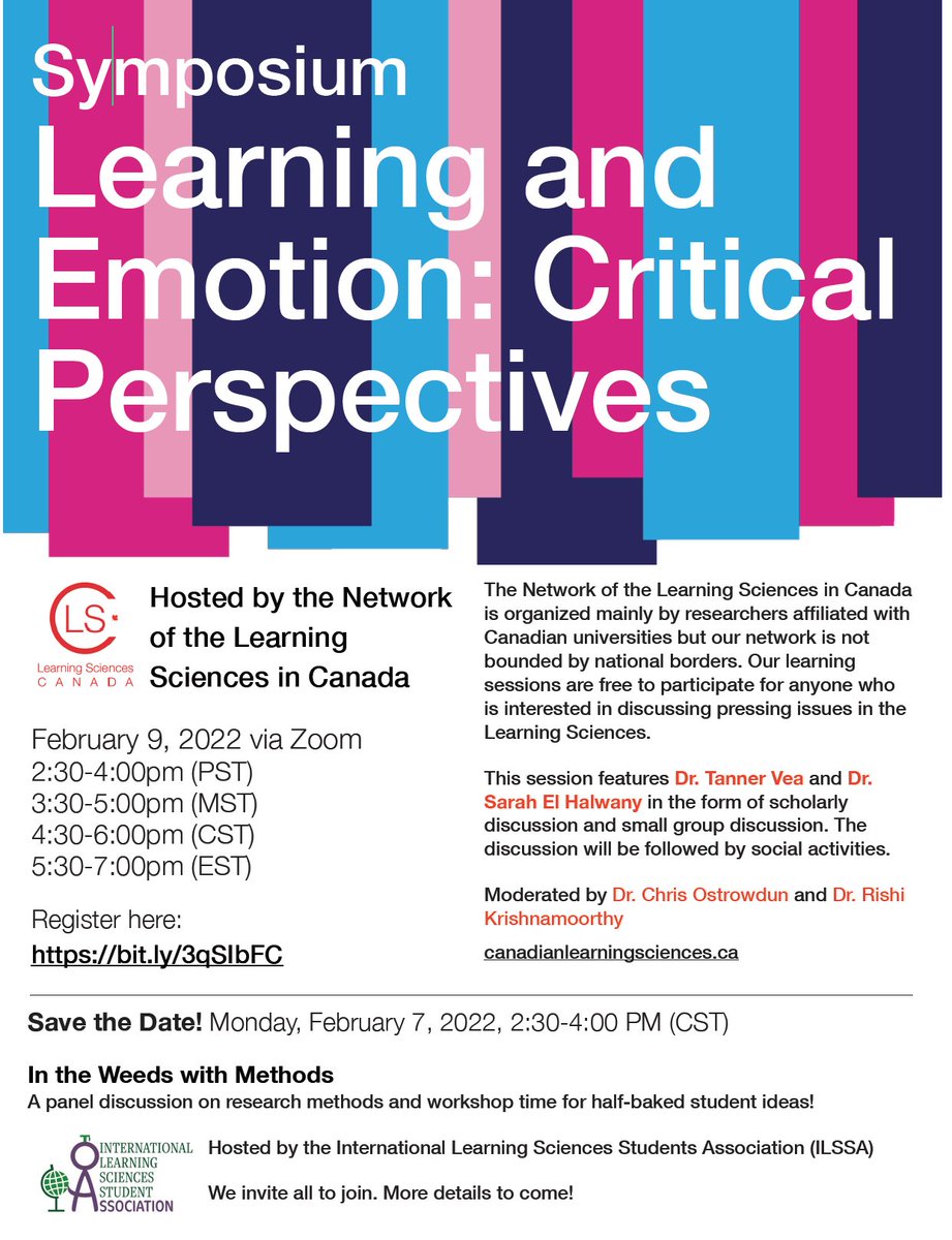 LS_in_Canada's tweet photo. We are happy to announce our next symposium, Learning, and Emotion: Critical Perspectives, on Feb 9. 

Join us and Register here: https://t.co/U0DR8JV9ub
https://t.co/5ahRKIzYg2
@isls2021 @islsnews @ISLS_ILSSA @isls2022 @tannervea @HalwanySarah
Details: https://t.co/O5m9EUowkh