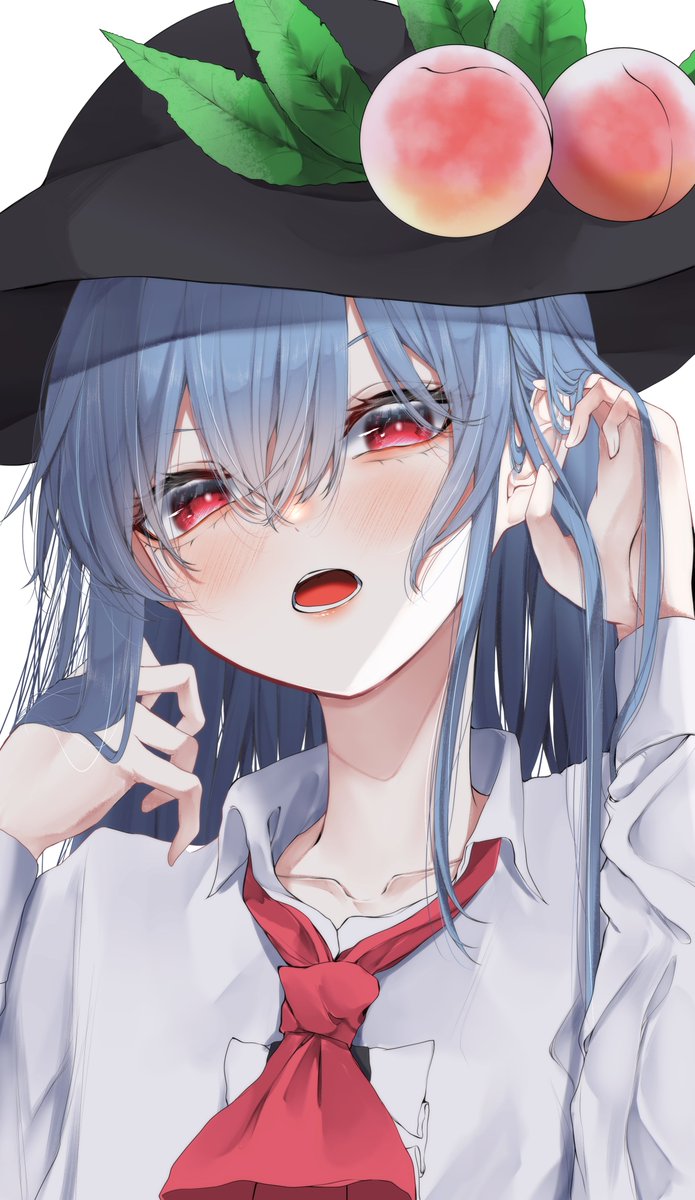 hinanawi tenshi 1girl solo open mouth long hair red eyes blue hair hat  illustration images