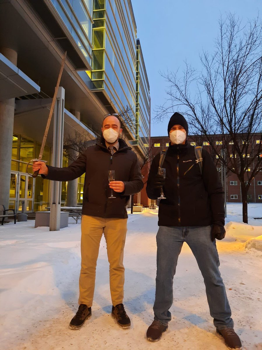 RivardGroupUofA's tweet photo. Congratulations to Dr. Ian Watson who passed his defence today! This is the groups first winter defence and the first where a sword was used to open a frozen bottle of champagne 🤺 https://t.co/gZVQjIS6lu