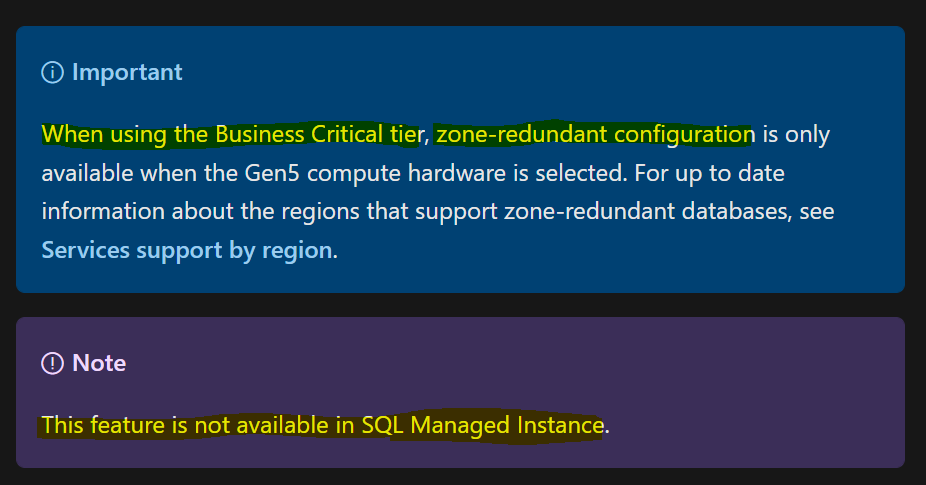 mssqltrek's tweet photo. @bobwardms @AnalyticAnna @AzureSQL Thanks Bob.  Sounds like creating MI in BC tier will create secondary replicas internally (which are only LR, but not ZR) and for DR we can leverage auto FGs(in a diff region). Pls correct me if I am wrong. Below is what caused my original confusion. https://t.co/ozhMworeVd
