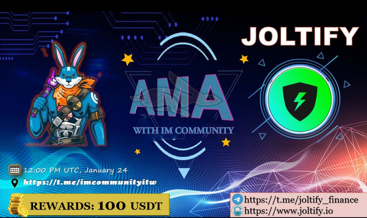 IM_COMMUNITY (@im_communityitw) on Twitter photo IM COMMUNITY will hold an AMA with joltify.io on 24 Juanuary 2022 l 12:00 PM UTC l 19:00 GMT+7
Prize: 100 USDT
Rules:
1. Details t.me/imcommunityitw
2. Follow <a href="/joltify_finance/">Joltify_Finance | First RWA L1 Chain</a> & <a href="/IM_Communityitw/">IM_COMMUNITY</a>
3. Like, Retweet & Your Questions (max 3 questions) IM COMMUNITY will hold an AMA with joltify.io on 24 Juanuary 2022 l 12:00 PM UTC l 19:00 GMT+7
Prize: 100 USDT
Rules:
1. Details t.me/imcommunityitw
2. Follow <a href="/joltify_finance/">Joltify_Finance | First RWA L1 Chain</a> & <a href="/IM_Communityitw/">IM_COMMUNITY</a>
3. Like, Retweet & Your Questions (max 3 questions)
