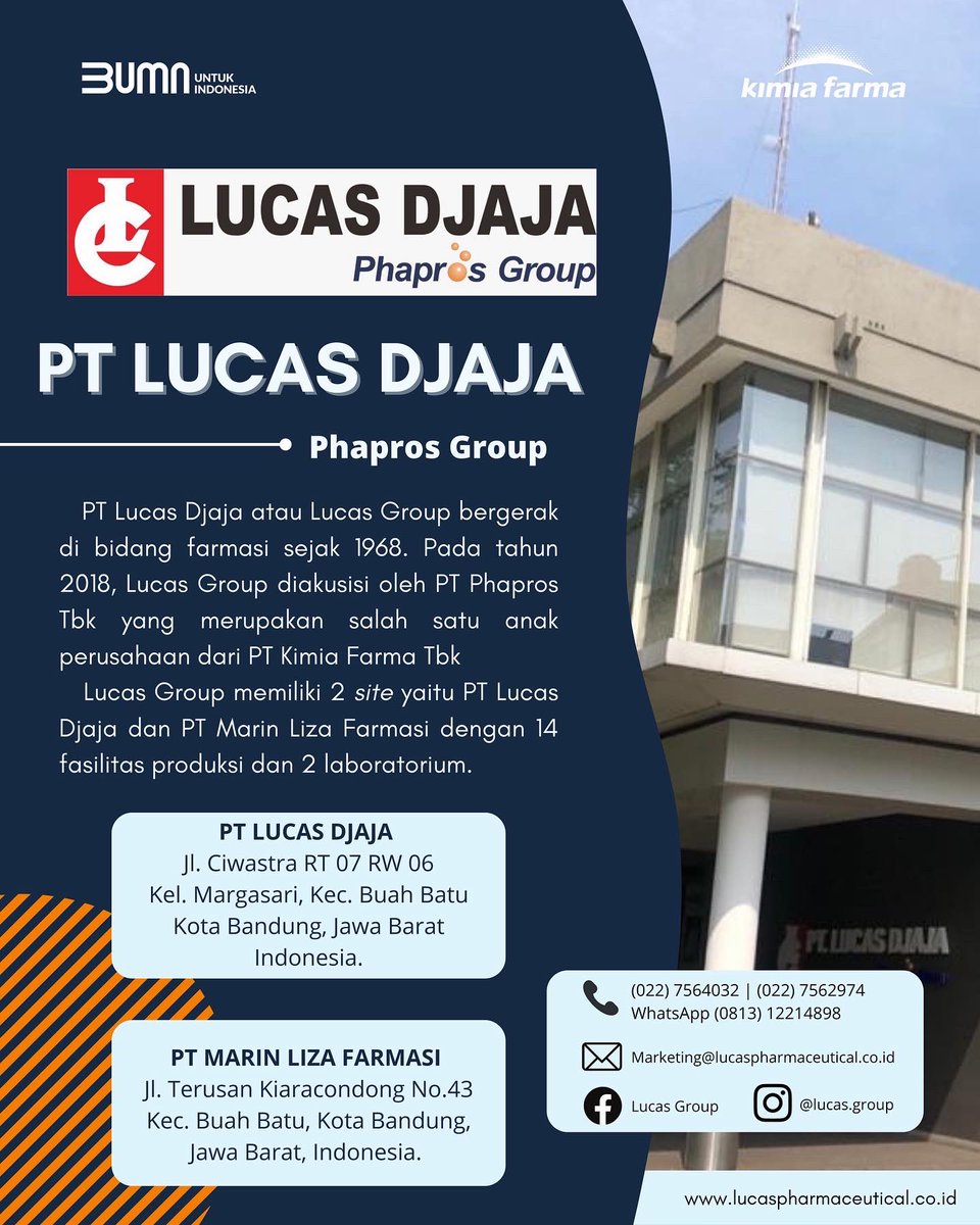 kimiafarmaind's tweet photo. Hai, Sahabat Kaef!
PT Lucas Djaja atau Lucas Group merupakan anak perusahaan dari PT Phapros Tbk (@PTPhapros) yang merupakan anak perusahaan dari PT Kimia Farma Tbk. Lucas Group juga berkembang di bidang farmasi.
#DiKimiaFarmaAja
#LucasGroup
(1/2) https://t.co/vW5O4jGlJ7