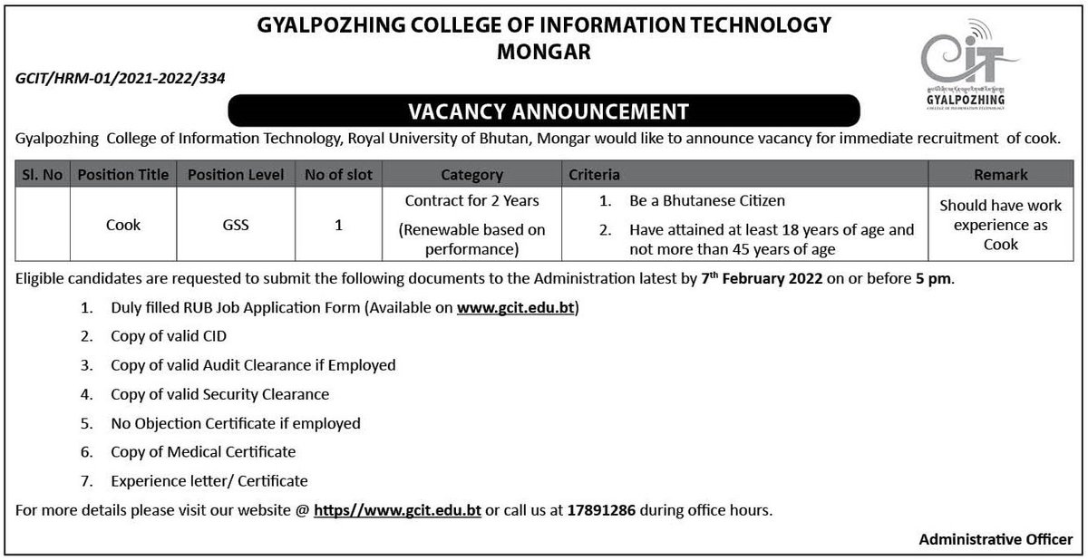 Gyalpozhing College of Information Technology - GCIT 
Vacancy Announcement