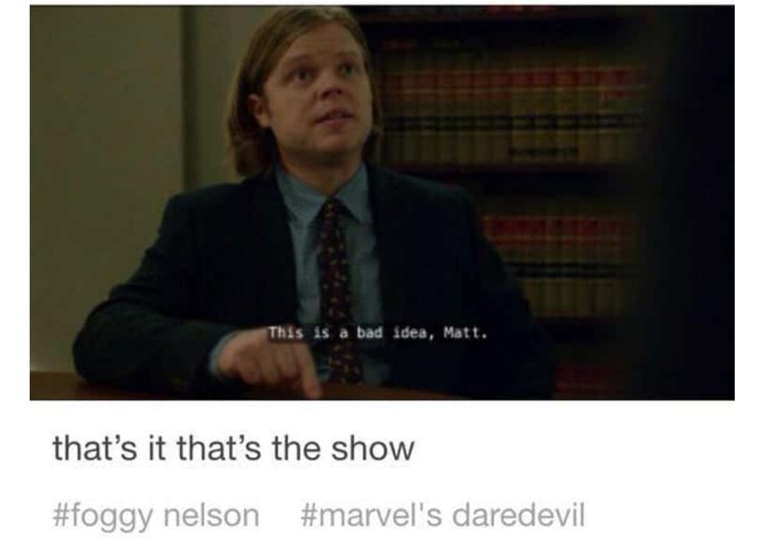 TristanMathie's tweet photo. I love how accurate these memes are. This describes the show perfectly.

We need more shows like this too. The standard MCU stuff I great but this here was a damn masterpiece!

#Daredevil #Netflix #NeedMore #ComicTVShows https://t.co/jIbZU4dowe