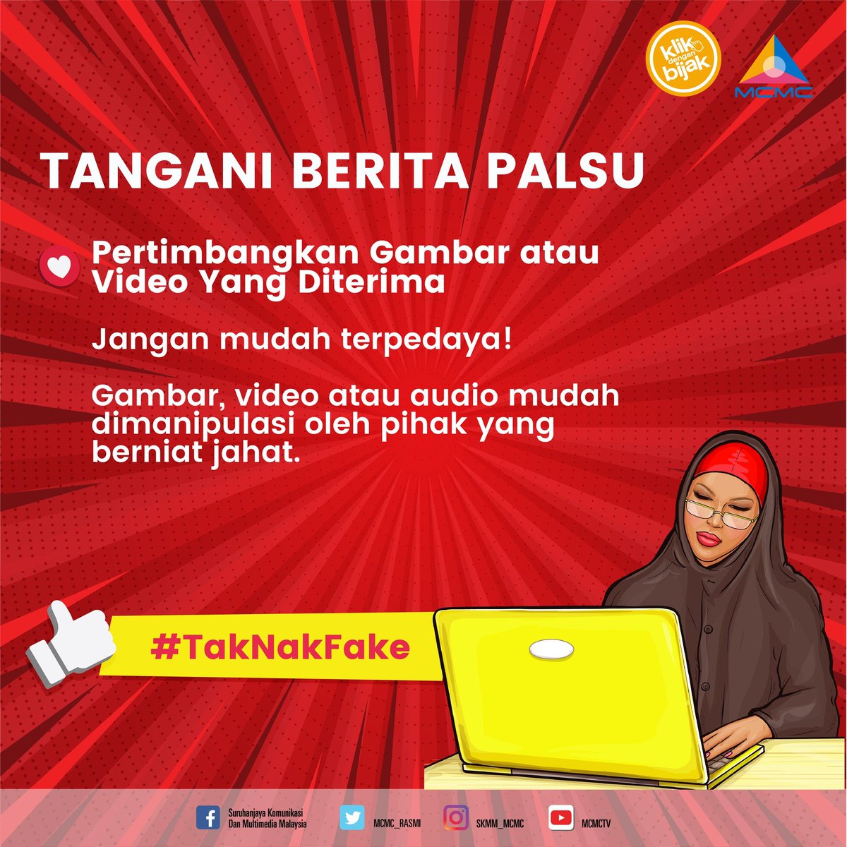 PediRishah's tweet photo. Jangan mudah terpedaya dengan gambar, video atau audio yang dikongsikan di Internet.

Jom Klik Dengan Bijak !

#KlikDenganBijak
#MalaysiaICTVolunteer
#BeritaPalsu
#RisikoDalamTalian https://t.co/oXo6C10nci