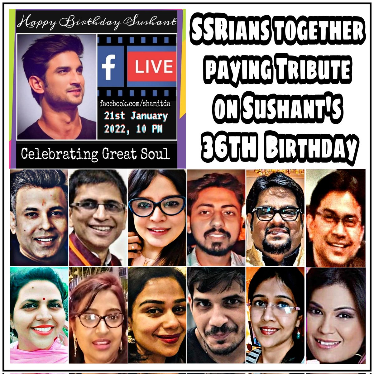 shamitda's tweet photo. Happy Birthday Sushant : a
Commemorative Live Tribute by @iujjawaltrivedi @iRaviTiwari @LovelyUpadhyay @varunkapurz @SushantMH4747 @IAM3024SSR
@AninditaSngpt
@smitaparikh2
@debajitgc1978
@Prashaant_KR
@IStandWithSSR
Watch Link: 
https://t.co/Aj8Mbh6v79 https://t.co/gmSwwzG41V