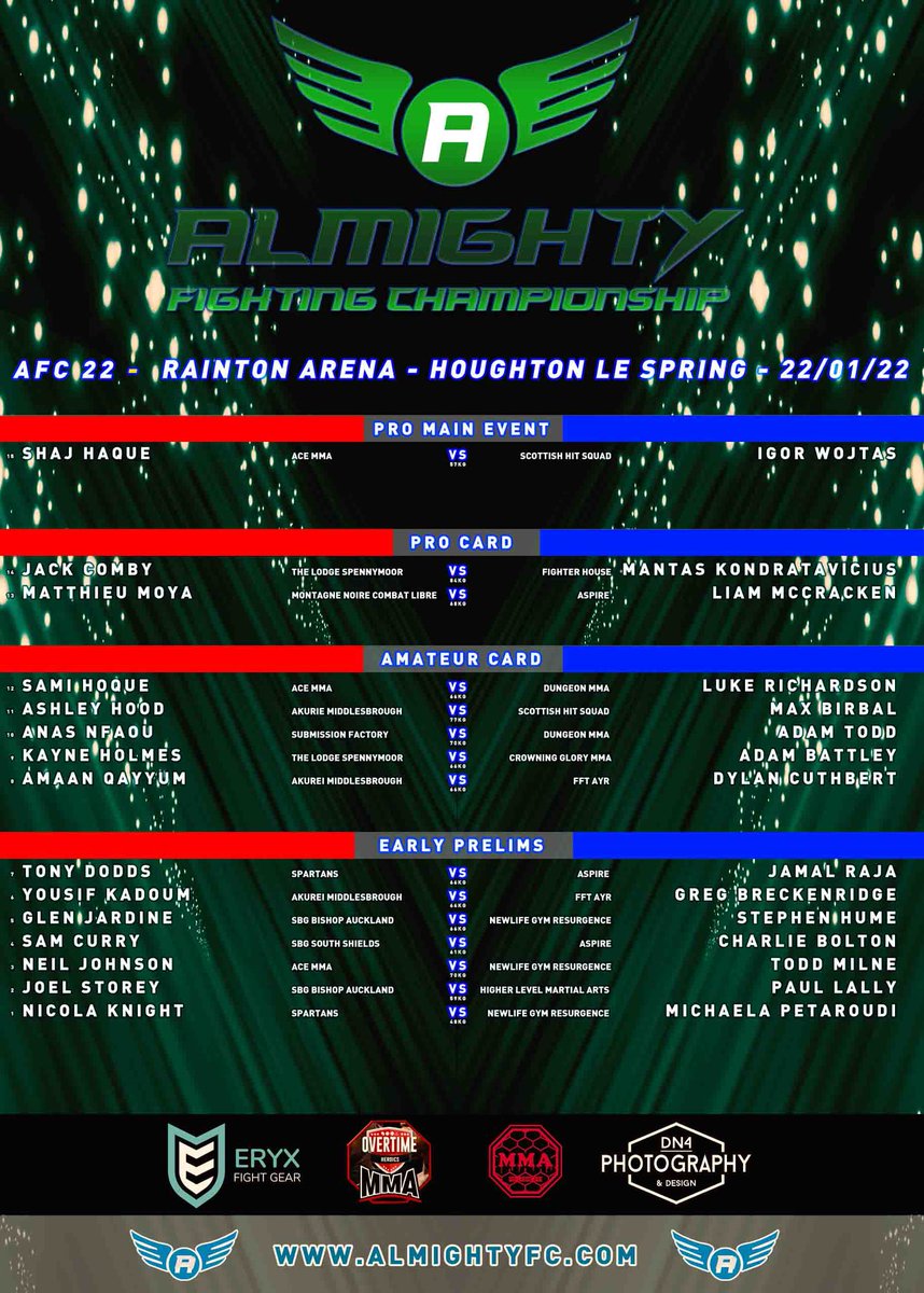Almighty Fighting Championship 22 (<a href="/AlmightyFightin/">ALMIGHTY FC</a>) goes down Saturday afternoon. You can buy the PPV here: mmatv.co.uk/mma/almighty-f…

Here's the fight card: